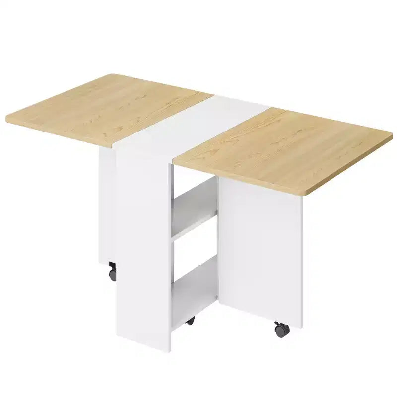 Foldable Drop-Leaf Dining Table with Storage Shelves and Wheels