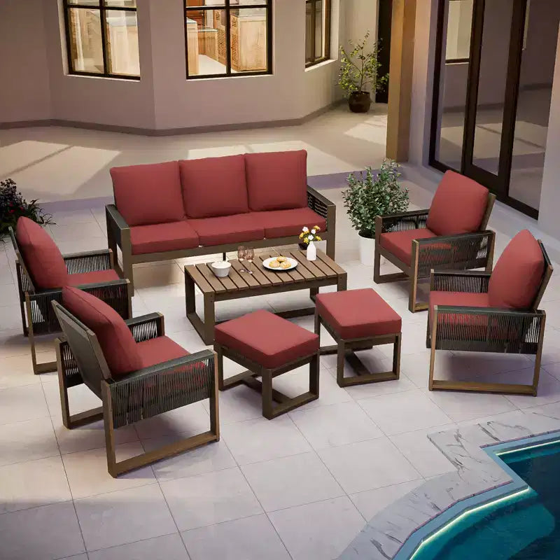 Set da conversazione in legno naturale di cedro EAGLE PEAK, mobili da esterno con 2 pouf e tavolino da caffè