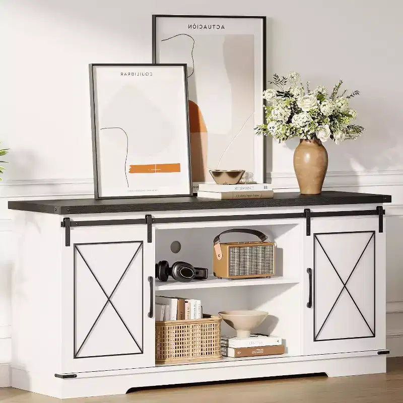 TV Stand for 65" TVs with Sliding Barn Doors, Adjustable Shelf and Storage Cabinet