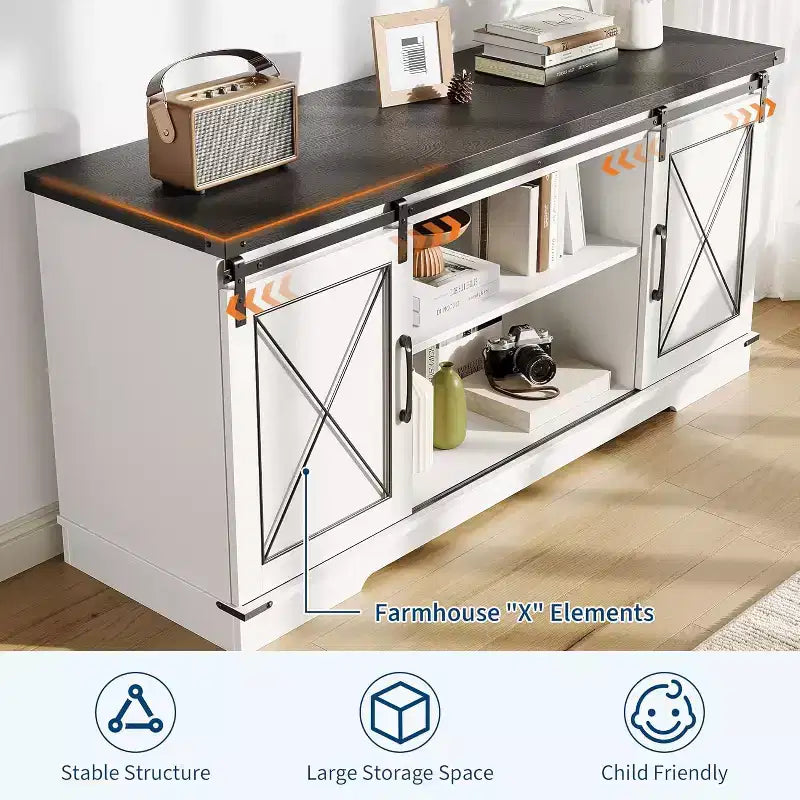 TV Stand for 65" TVs with Sliding Barn Doors, Adjustable Shelf and Storage Cabinet