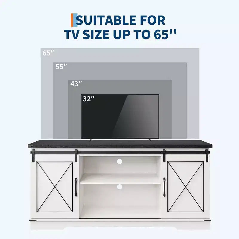 TV Stand for 65" TVs with Sliding Barn Doors, Adjustable Shelf and Storage Cabinet