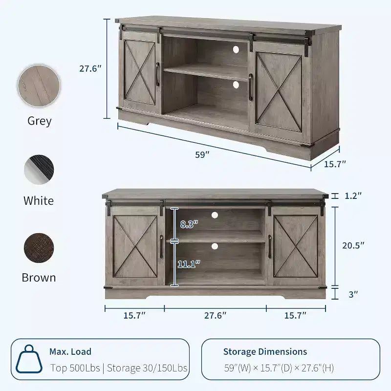 TV Stand for 65" TVs with Sliding Barn Doors, Adjustable Shelf and Storage Cabinet