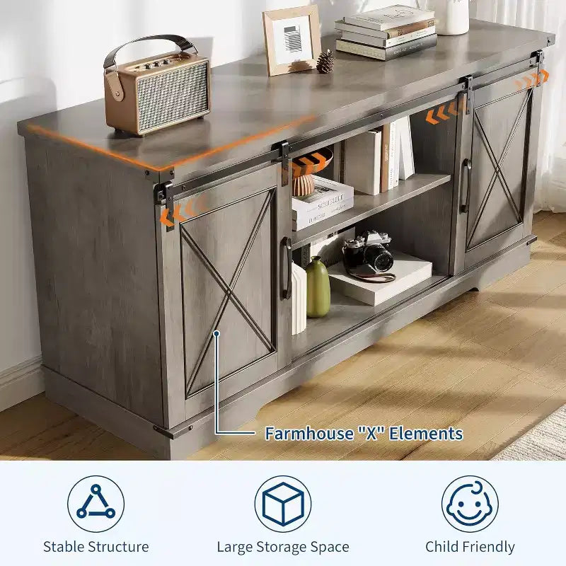 TV Stand for 65" TVs with Sliding Barn Doors, Adjustable Shelf and Storage Cabinet