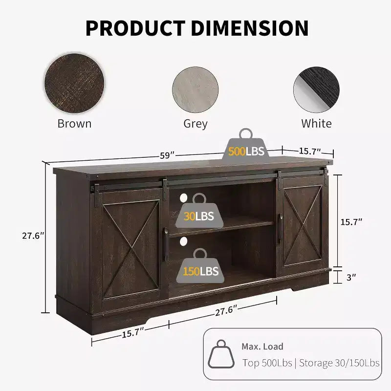 TV Stand for 65" TVs with Sliding Barn Doors, Adjustable Shelf and Storage Cabinet