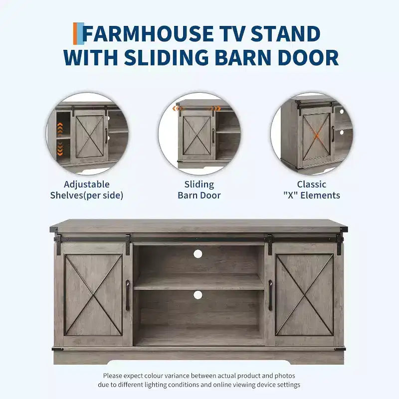 TV Stand for 65" TVs with Sliding Barn Doors, Adjustable Shelf and Storage Cabinet