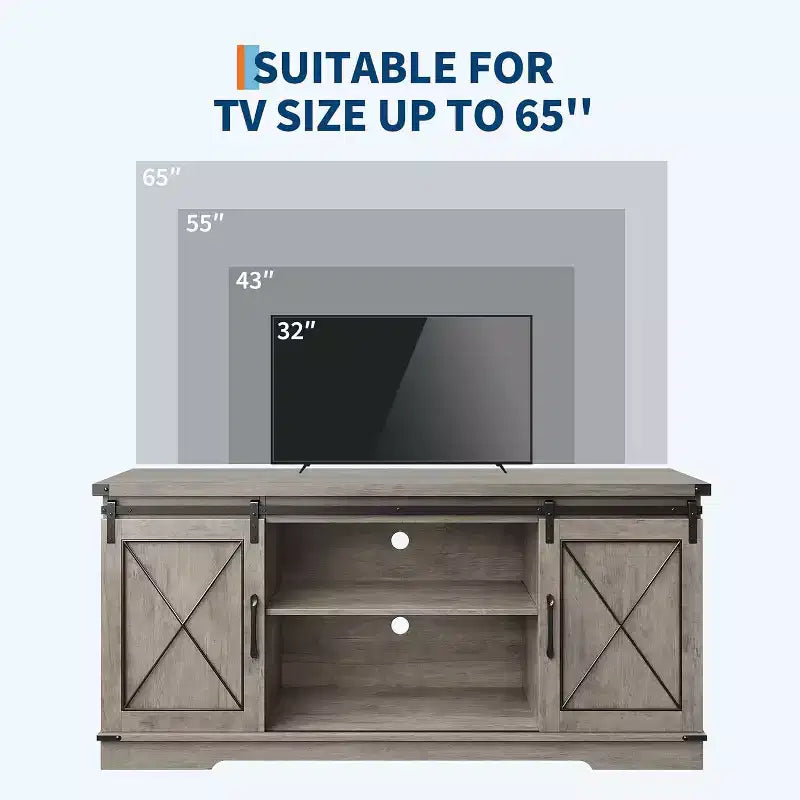 TV Stand for 65" TVs with Sliding Barn Doors, Adjustable Shelf and Storage Cabinet