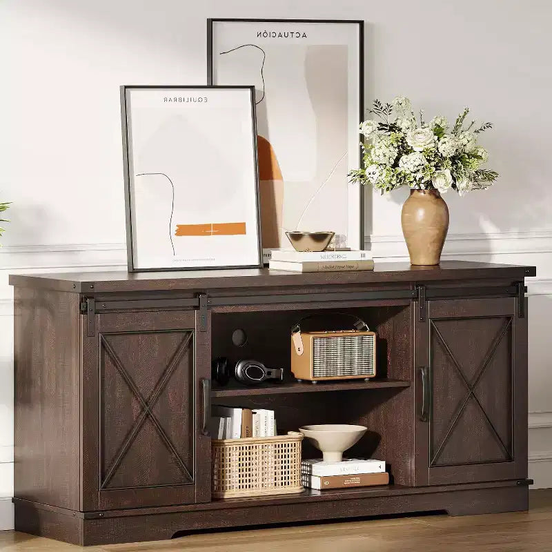 TV Stand for 65" TVs with Sliding Barn Doors, Adjustable Shelf and Storage Cabinet