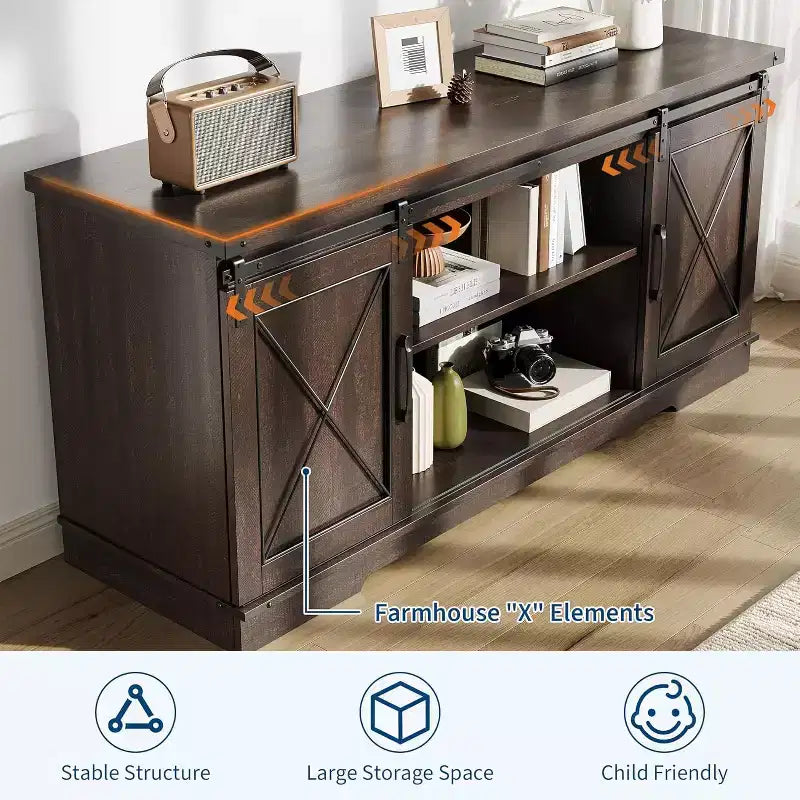 TV Stand for 65" TVs with Sliding Barn Doors, Adjustable Shelf and Storage Cabinet