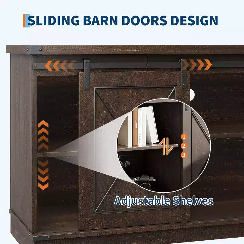 TV Stand for 65" TVs with Sliding Barn Doors, Adjustable Shelf and Storage Cabinet