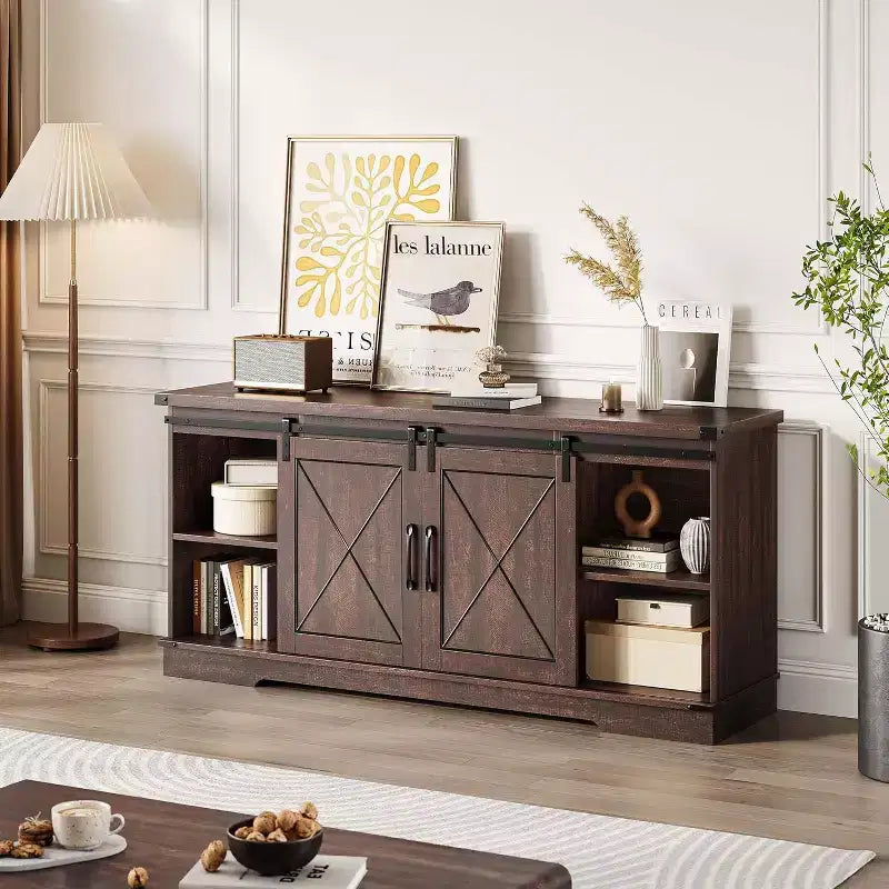 TV Stand for 65" TVs with Sliding Barn Doors, Adjustable Shelf and Storage Cabinet