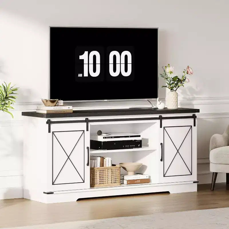 TV Stand for 65" TVs with Sliding Barn Doors, Adjustable Shelf and Storage Cabinet