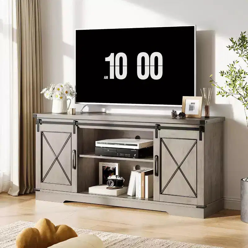 TV Stand for 65" TVs with Sliding Barn Doors, Adjustable Shelf and Storage Cabinet