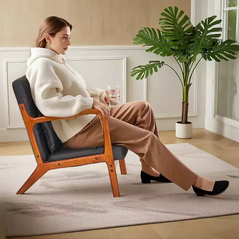 Mid-Century Modern Accent Chair with Pillow, Solid Wood Frame