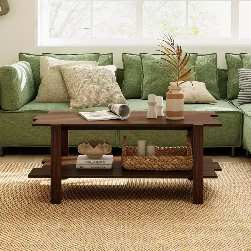 2-Tier Coffee Table with Open Storage Shelf, Irregular Design