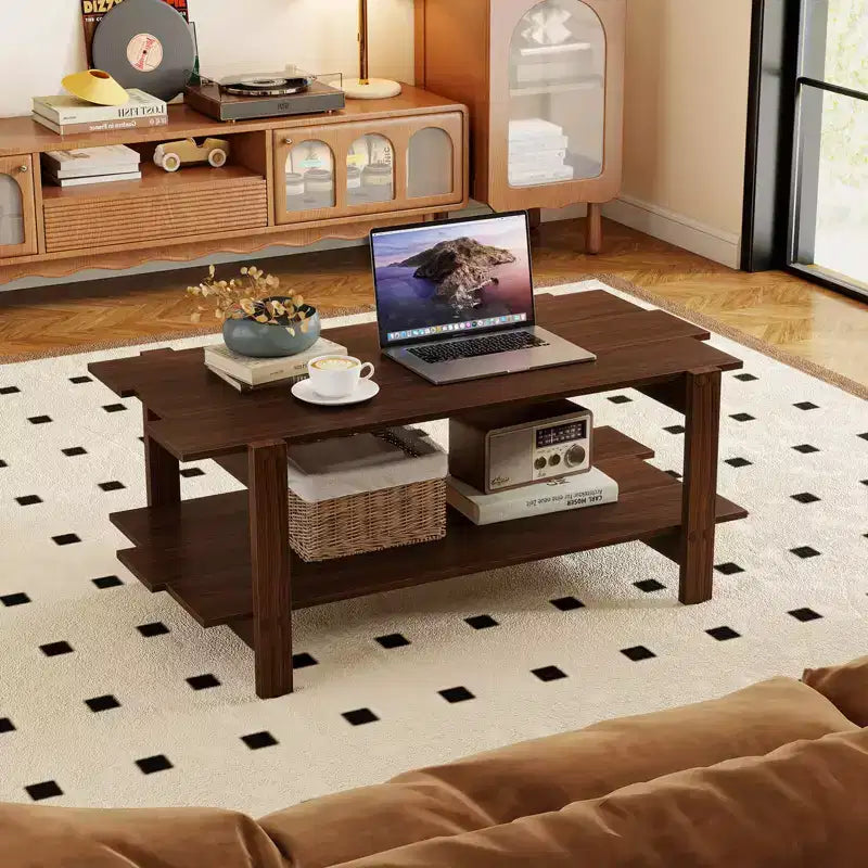 2-Tier Coffee Table with Open Storage Shelf, Irregular Design