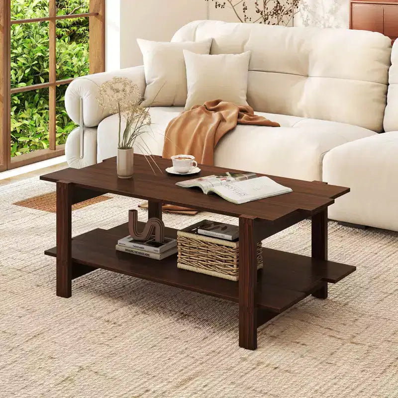 2-Tier Coffee Table with Open Storage Shelf, Irregular Design