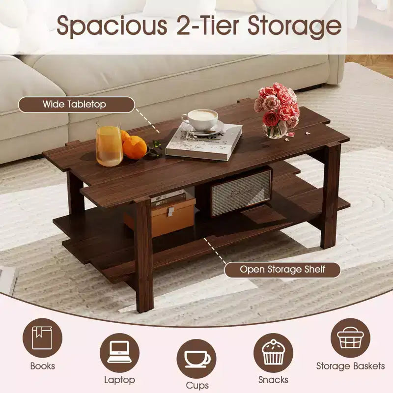 2-Tier Coffee Table with Open Storage Shelf, Irregular Design