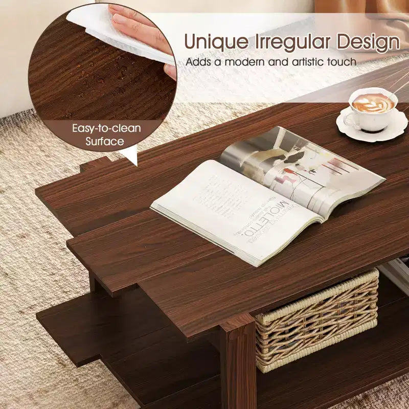 2-Tier Coffee Table with Open Storage Shelf, Irregular Design