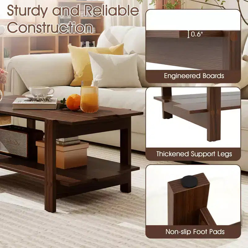 2-Tier Coffee Table with Open Storage Shelf, Irregular Design