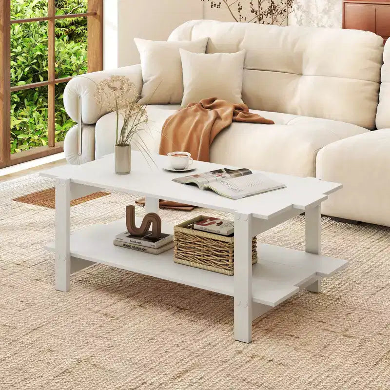 2-Tier Coffee Table with Open Storage Shelf, Irregular Design