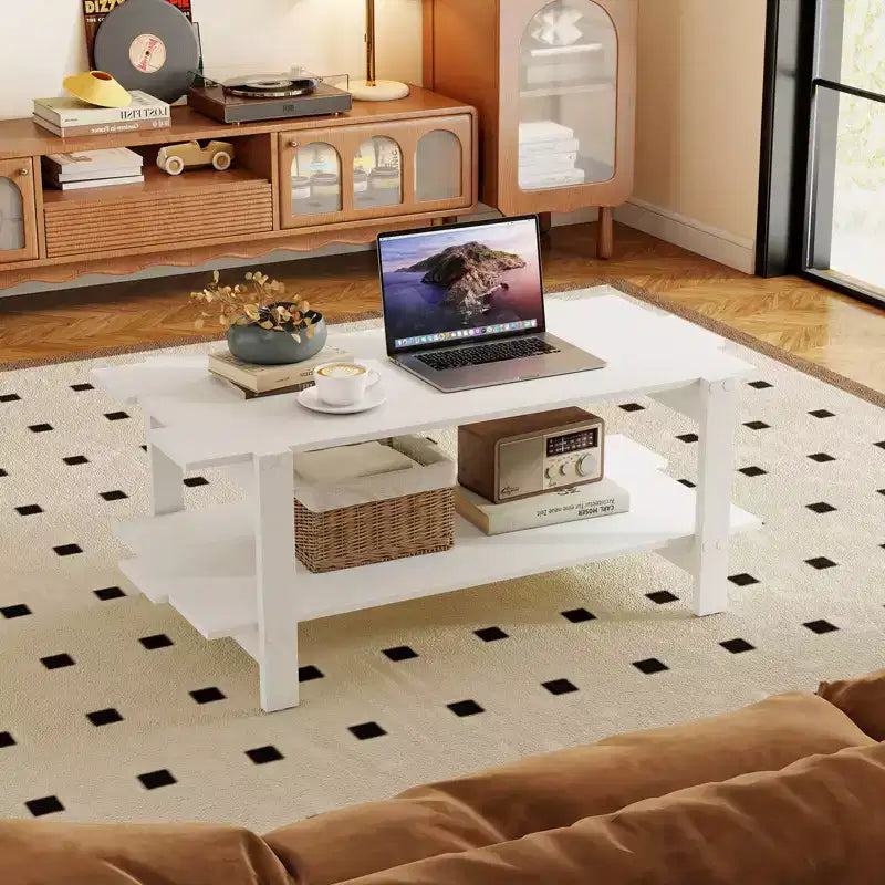 2-Tier Coffee Table with Open Storage Shelf, Irregular Design