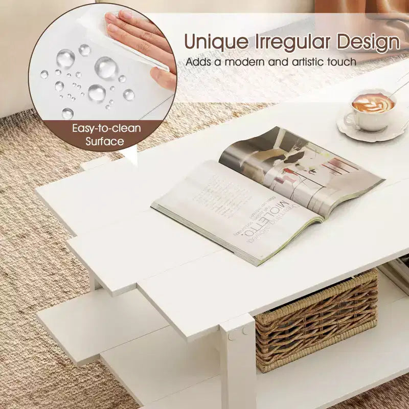 2-Tier Coffee Table with Open Storage Shelf, Irregular Design