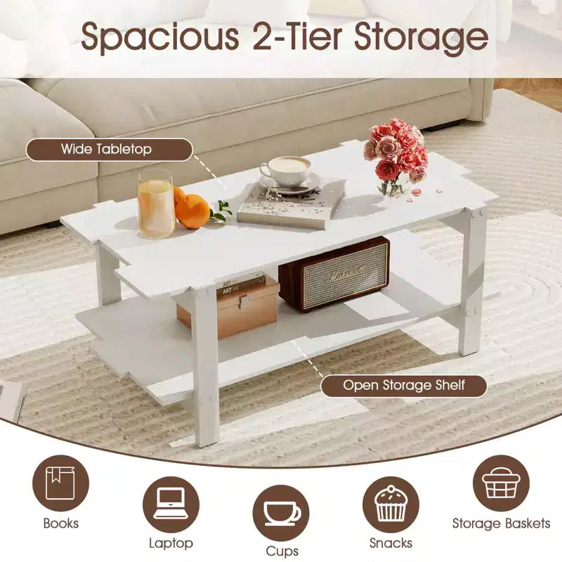 2-Tier Coffee Table with Open Storage Shelf, Irregular Design