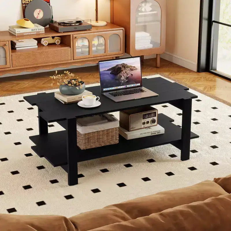 2-Tier Coffee Table with Open Storage Shelf, Irregular Design