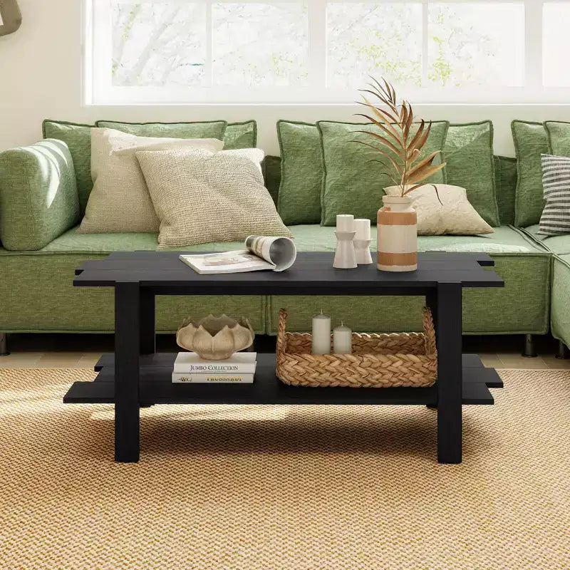 2-Tier Coffee Table with Open Storage Shelf, Irregular Design