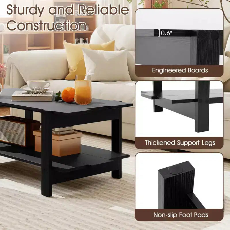 2-Tier Coffee Table with Open Storage Shelf, Irregular Design