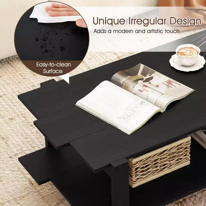 2-Tier Coffee Table with Open Storage Shelf, Irregular Design