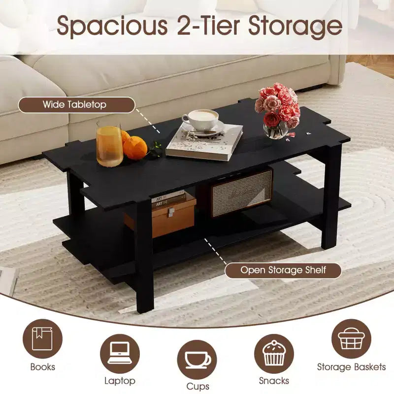 2-Tier Coffee Table with Open Storage Shelf, Irregular Design
