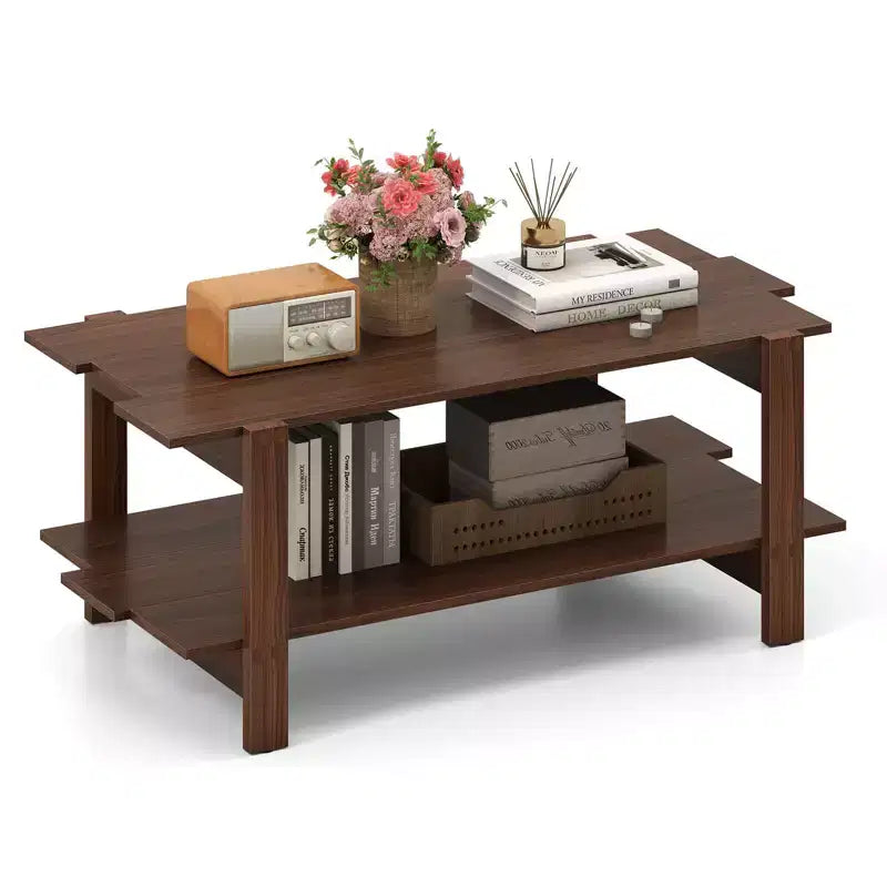 2-Tier Coffee Table with Open Storage Shelf, Irregular Design