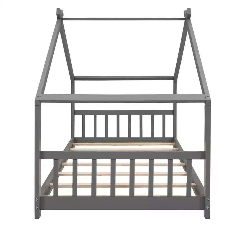 Twin Size House Bed Frame with Roof and Fence – Pine Wood, No Box Spring Needed