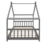 Twin Size House Bed Frame with Roof and Fence – Pine Wood, No Box Spring Needed