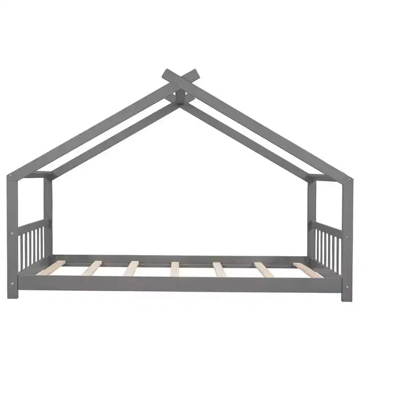 Twin Size House Bed Frame with Roof and Fence – Pine Wood, No Box Spring Needed