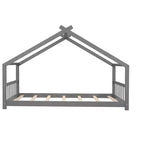 Twin Size House Bed Frame with Roof and Fence – Pine Wood, No Box Spring Needed