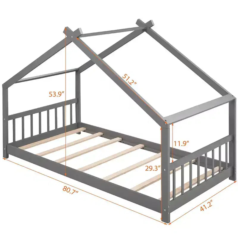 Twin Size House Bed Frame with Roof and Fence – Pine Wood, No Box Spring Needed