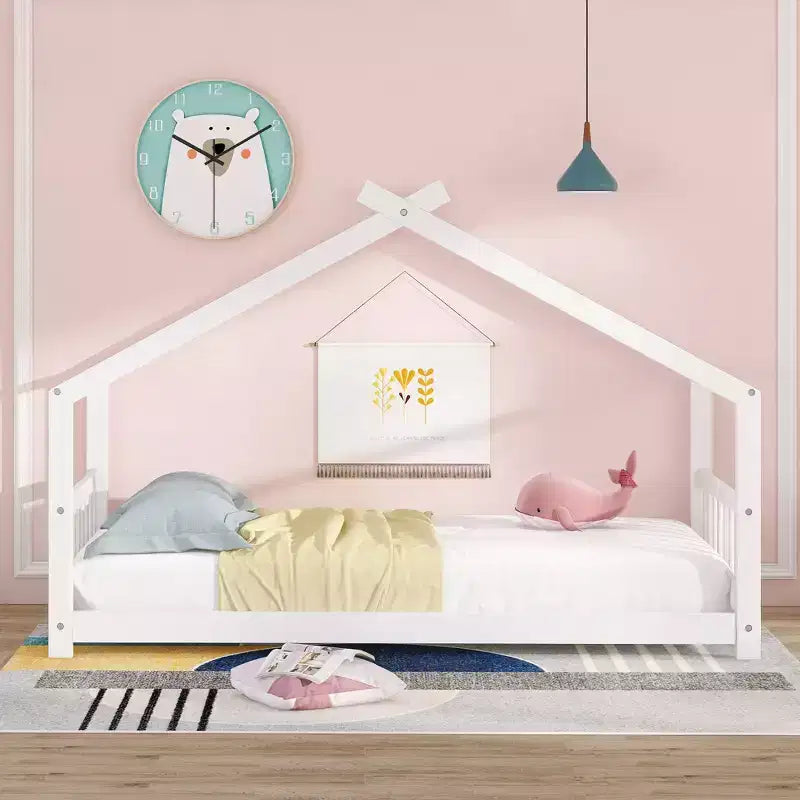 Twin Size House Bed Frame with Roof and Fence – Pine Wood, No Box Spring Needed