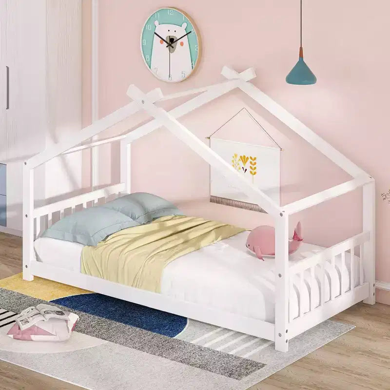 Twin Size House Bed Frame with Roof and Fence – Pine Wood, No Box Spring Needed