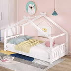 Twin Size House Bed Frame with Roof and Fence – Pine Wood, No Box Spring Needed