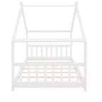 Twin Size House Bed Frame with Roof and Fence – Pine Wood, No Box Spring Needed