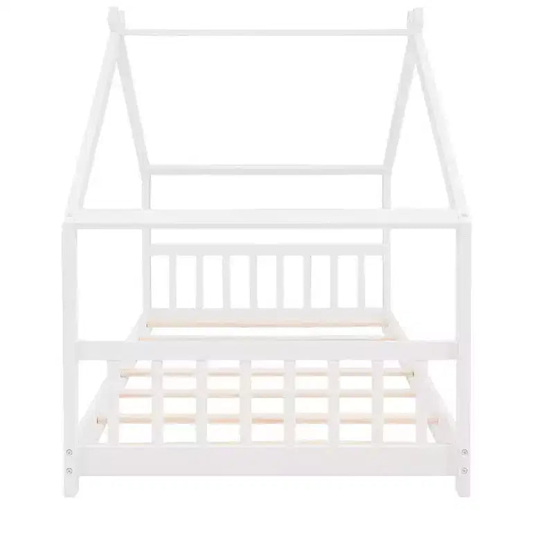 Twin Size House Bed Frame with Roof and Fence – Pine Wood, No Box Spring Needed