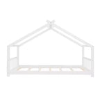 Twin Size House Bed Frame with Roof and Fence – Pine Wood, No Box Spring Needed
