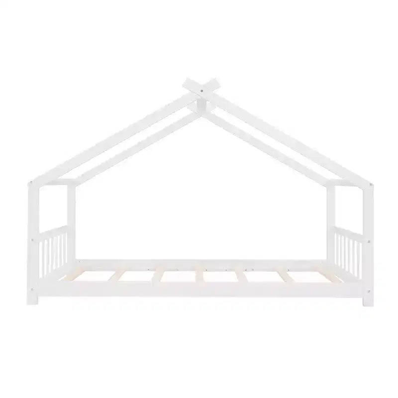 Twin Size House Bed Frame with Roof and Fence – Pine Wood, No Box Spring Needed