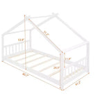 Twin Size House Bed Frame with Roof and Fence – Pine Wood, No Box Spring Needed
