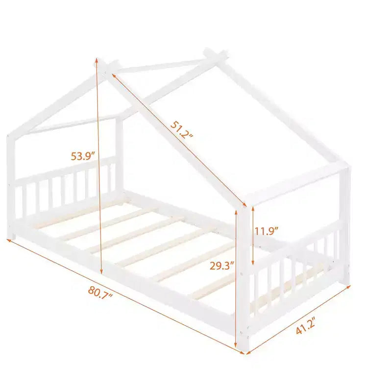Twin Size House Bed Frame with Roof and Fence – Pine Wood, No Box Spring Needed