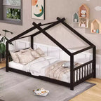 Twin Size House Bed Frame with Roof and Fence – Pine Wood, No Box Spring Needed