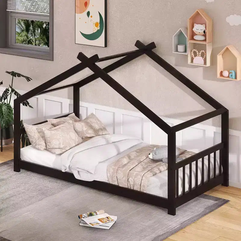 Twin Size House Bed Frame with Roof and Fence – Pine Wood, No Box Spring Needed