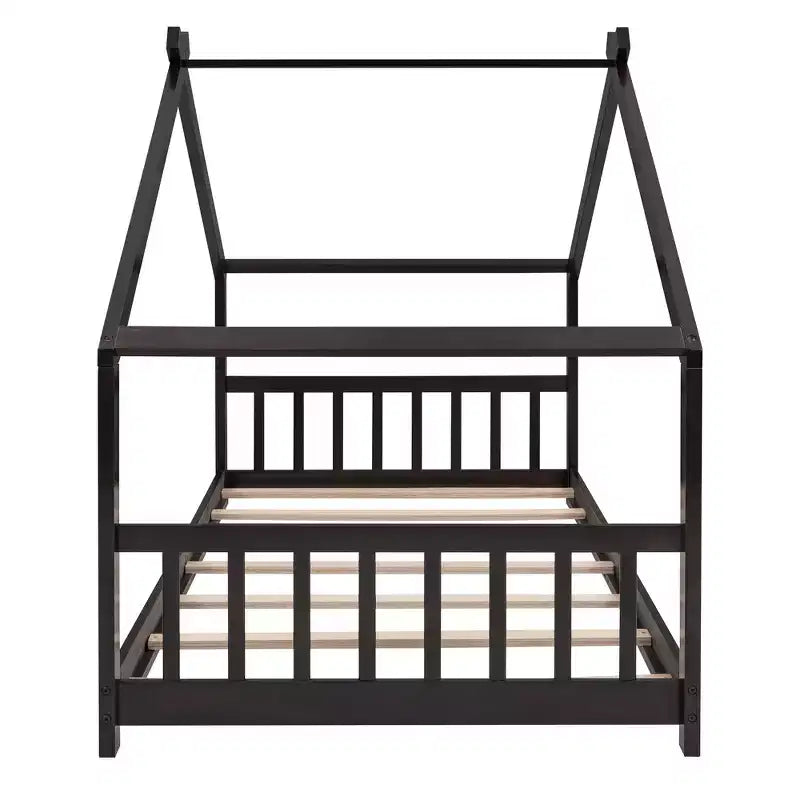 Twin Size House Bed Frame with Roof and Fence – Pine Wood, No Box Spring Needed